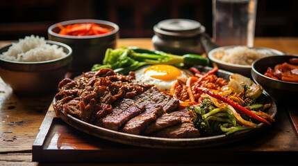 Korean Cuisine with Succulent Bulgogi, Savory Meat Delights, and Tasty Japchae Creation - obrazy, fototapety, plakaty