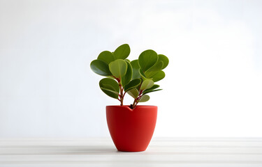 Green home plant on red pot on white wooden table over white background