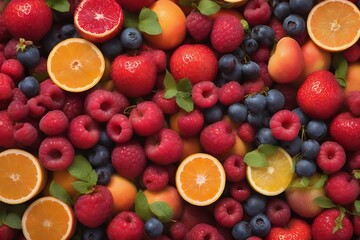 Fresh mixe fruits on wooden background. Ai generative