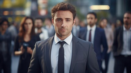 Portrait of a business man in front of group of people who works at the background 