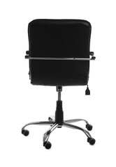 Comfortable leather office chair isolated on white, back view