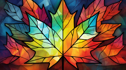 Stained glass window background with colorful maple leaf abstract.	