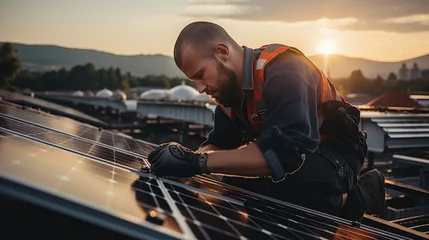 Foto op Canvas Electrical technician installing solar panel electrical generator on roof of industrial plant. Environmental care clean energy sustainable power resource technology industrial business concept. © Davin