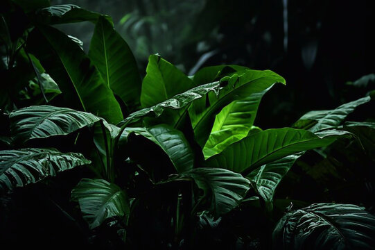 Dramatic view of green leaves of polypodiales in sunlight growing in dark tropical woods in wild nature in costa rica
