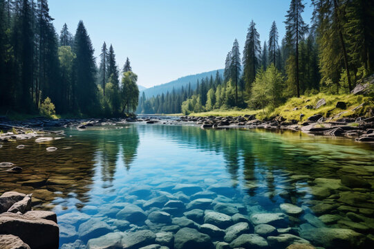 Panorama of crystal clear water copious river and taiga forests, Typical coniform hill oreography. Absence of people and virginal natural area