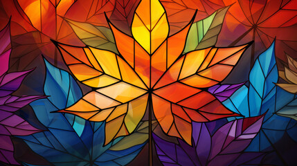 Stained glass window background with colorful maple leaf abstract.	