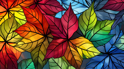 Fototapeta na wymiar Stained glass window background with colorful maple leaf abstract. 