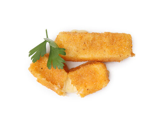 Tasty fried mozzarella sticks and parsley isolated on white, above view