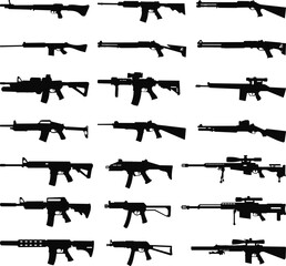 combat weapons, rifles collection silhouette on a white background vector