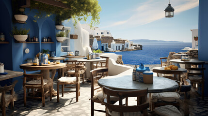 Traditional Greek Dishes Amidst Coastal Charm at Quaint Tavernas by the Beach - obrazy, fototapety, plakaty