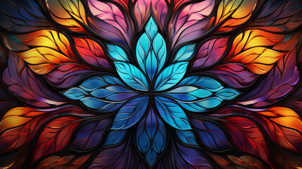 Stained glass window background with colorful Leaf and Flower abstract.	