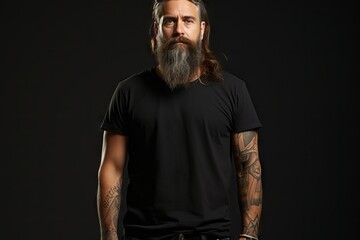 mockup white isolated cotton thin premium tshirt blank black poses hands tattooed man biker bearded attractive Brutal t-shirt clothing design template background shirt mock casual attire front - obrazy, fototapety, plakaty