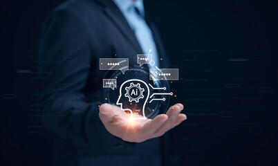 Businessman use of technology smart robot AI , artificial intelligence for generates something,...