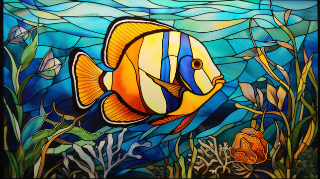Stained glass window background with colorful Fish in water abstract.