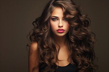 hairstyle curly model Beautiful hair wavy shiny long girl Brunette coiffure make-up beauty face fashion haircut barber bright brown care clean colours coloration colourful cosmetic cute dandruff - obrazy, fototapety, plakaty