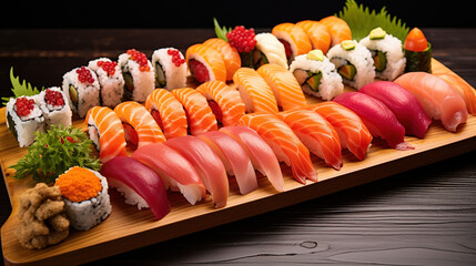 Japanese Delights, A Multifarious Array of Nigiri Sushi Perched Artfully on a Plate