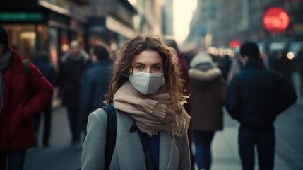 Fototapeta na wymiar People walking and wearing face masks in city street 