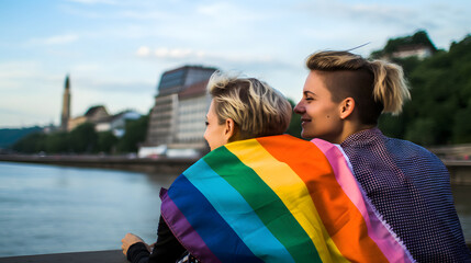 LGBTQ+ couple sitting together with love for each other even though it's not valentine's day. Ai generate.