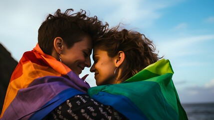 LGBTQ+ couple sitting together with love for each other even though it's not valentine's day. Ai generate.