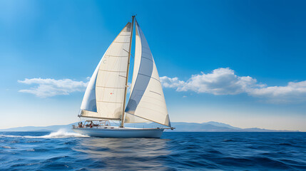 Fototapeta premium A sailboat playing in the middle of the blue sea during the daytime. and mountain background. Ai generate.