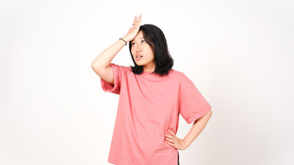 Young Asian woman in pink t-shirt hand on forehead forgetting something on isolated white background
