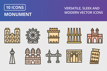 Monument Thick Line Filled Colors Icons Set - obrazy, fototapety, plakaty
