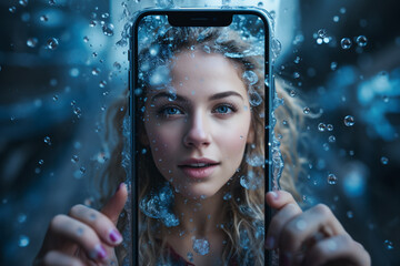 Portrait of a young woman holding a phone in her hands with a picture of herself under water with air bubbles. A photo of a beautiful blond with coloured nails in the water. - obrazy, fototapety, plakaty
