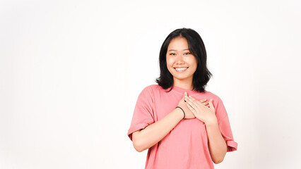 Obraz premium Young Asian woman in pink t-shirt hand on chest be grateful on isolated white background