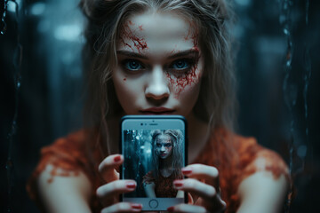 A beautiful girl with bloody cuts on the face is holding a phone with a scary photo on the screen . Blond pretty female with light skin and red nails is looking directly at the camera - obrazy, fototapety, plakaty