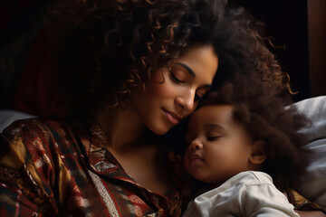 Black mom sleeping in bed with her infant