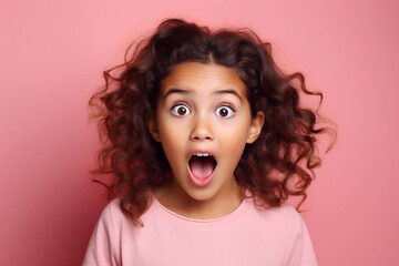 Cute young girl on pink background making surprised face