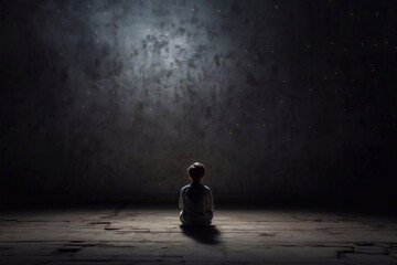 Little boy sitting near dark wall in empty room.
