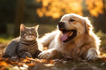 Close up cat and dog together lying, AI Generative