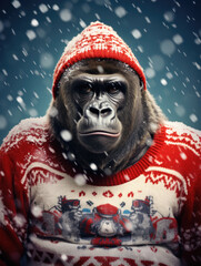 Gorilla in festive sweater. Holiday spirit animal concept.