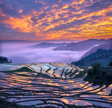 Yunhai Terraced Fields in the Morning of Nanuo Township, Yuanjiang, Yunnan