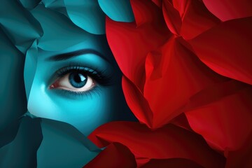 Young woman with blue eyes and red rose in her hair. February 5 - 11: Sexual Abuse & Sexual Violence Awareness Week. - obrazy, fototapety, plakaty
