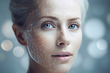 A woman's head with glowing neurons on one side of her face against a blue background. Radiant energy on the face.  Beauty concept skin aging. anti-aging procedures, rejuvenation, lifting, tightening  - obrazy, fototapety, plakaty