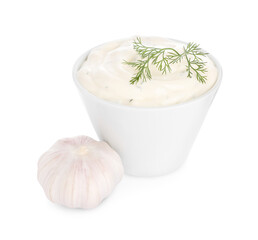 Tasty sauce with garlic and dill isolated on white