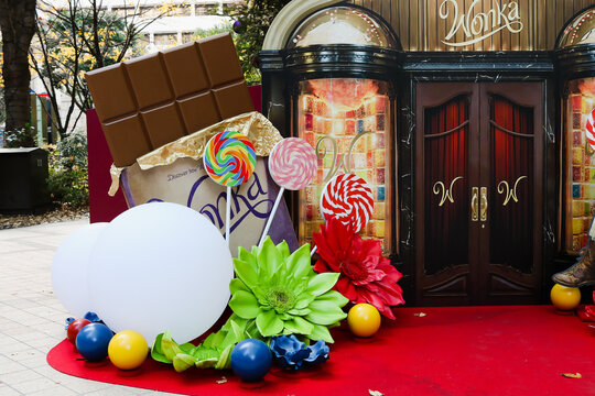 TOKYO, JAPAN - December 13, 2023: Detail of a Wonka-themed Christmas display in Tokyo's Nihonbashi Muromachi area.