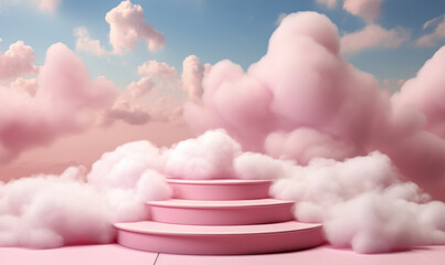 Surreal pastel pink platform with fluffy clouds backdrop in a dreamy sky, a whimsical showcase for product display - obrazy, fototapety, plakaty