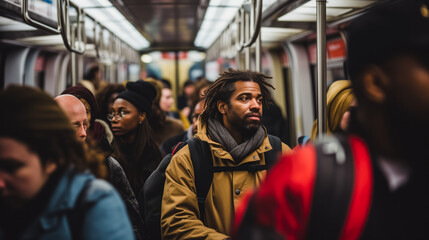 Young man with dreadlocks in crowded subway car