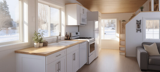 Bright and airy kitchen interior with sunlight and snowy landscape view - obrazy, fototapety, plakaty