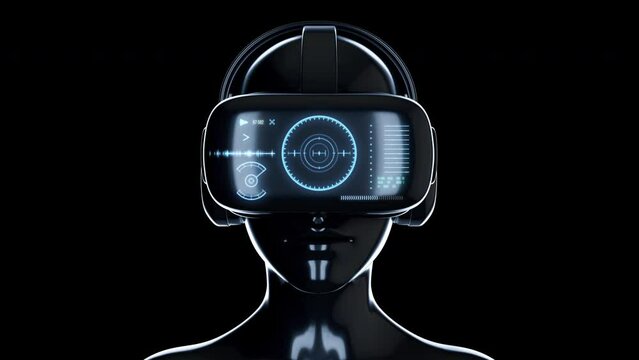 Woman head in virtual reality glasses with hud interface on screen and headphones. Game or entertainment device. Futuristic technology concept art. Bright fashion 3d animation.