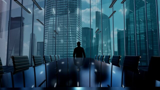 Business continuity. Businessman Working in Office among Skyscrapers. Hologram Concept