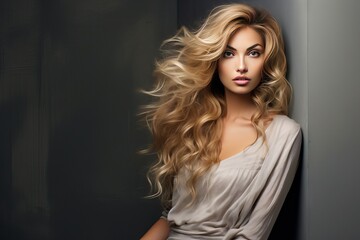 Naklejka premium hair long woman beautiful Blonde adorable background beauty blond copy curly cute fashion fashionable girl hairdresser look make-up model pose pretty salon sensual sexy shampoo space studio stylish