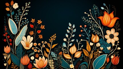 Whimsical Floral Symphony on Dark Canvas with Vibrant Botanical and Ornate Patterns - obrazy, fototapety, plakaty