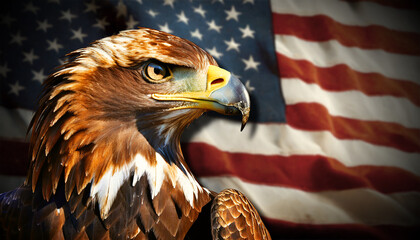 Extreme close-up of a head of a American Bald Eagle against an old national flag of the United...