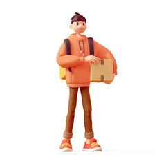 Young cute funny сasual asian smiling delivery guy in fashion clothes red hoodie brown jeans stands with thermal yellow backpack holds cardboard box one hand under arm. 3d render isolated transparent.