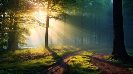 Beautiful nature at morning in the misty spring forest