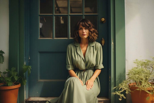 Outdoor Portrait Of Beautiful 40 Year Old Woman Sitting On Step Next To Green Door, Old Money Fashion Style